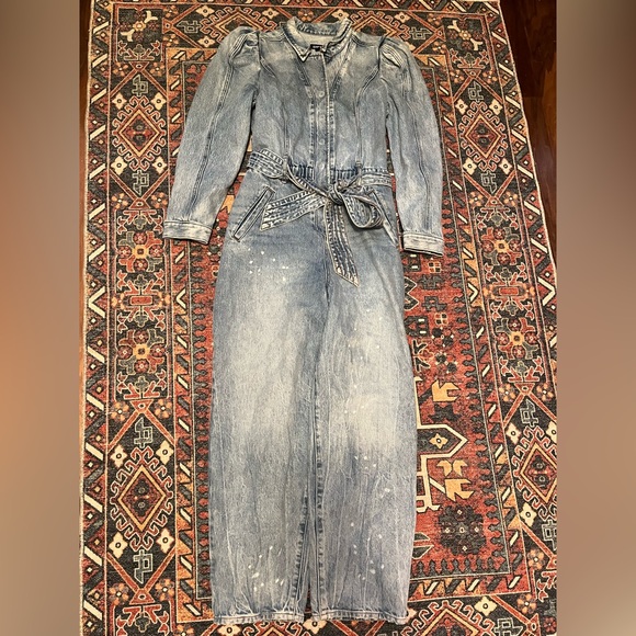 Express Puff Sleeve Tie Waist Medium Wash Denim Jumpsuit - Picture 3 of 8